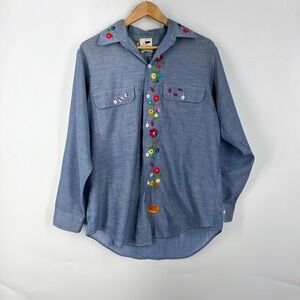 Big Mac Vintage Embroidered Chambray Shirt Floral Garden Ladybug Turtle 70s Sz M